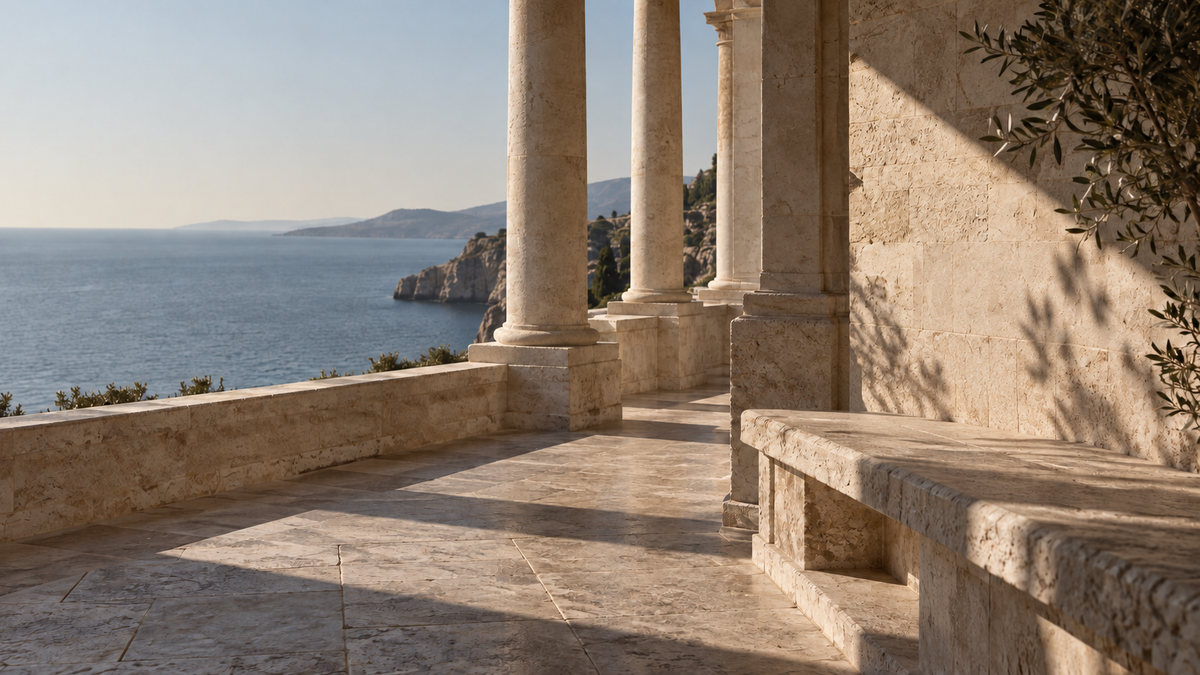 Sunlit limestone terrace overlooking a quiet coastline